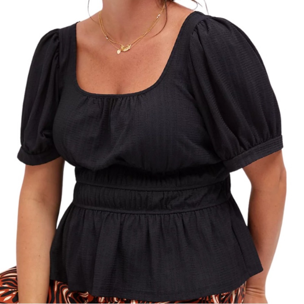 Maeve Anthropologie A+ Puff-Sleeved Stretch Peplum Top in Black, 1X